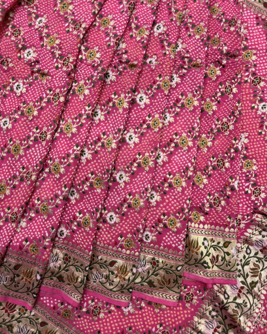 Light Pink Georgette Khaddi Bandhani Saree - SindhoiPatolaArt