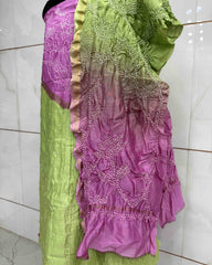 Light Pink & Light Green Shaded Chanderi Silk Bandhani Dress Material - SindhoiPatolaArt