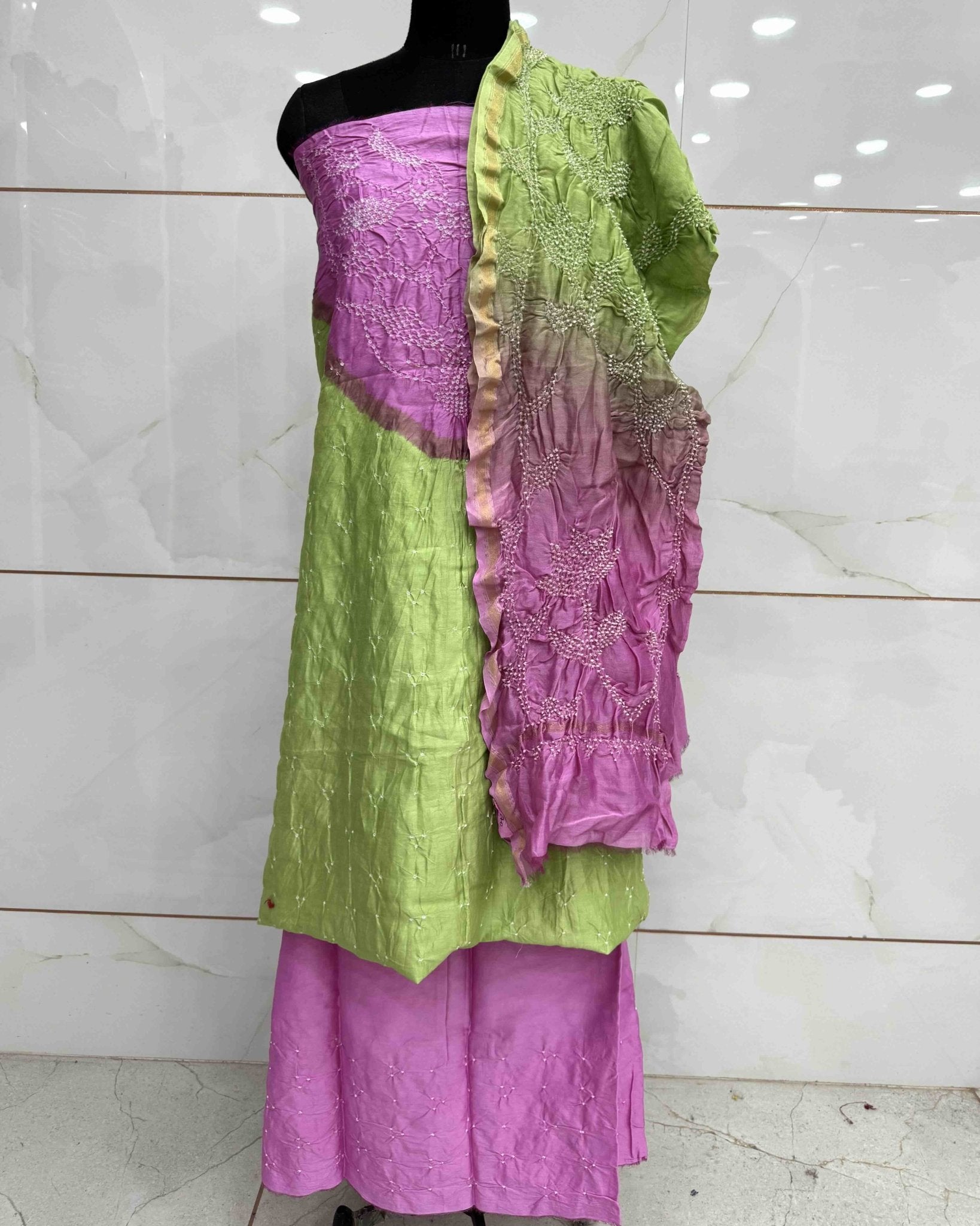 Light Pink & Light Green Shaded Chanderi Silk Bandhani Dress Material - SindhoiPatolaArt