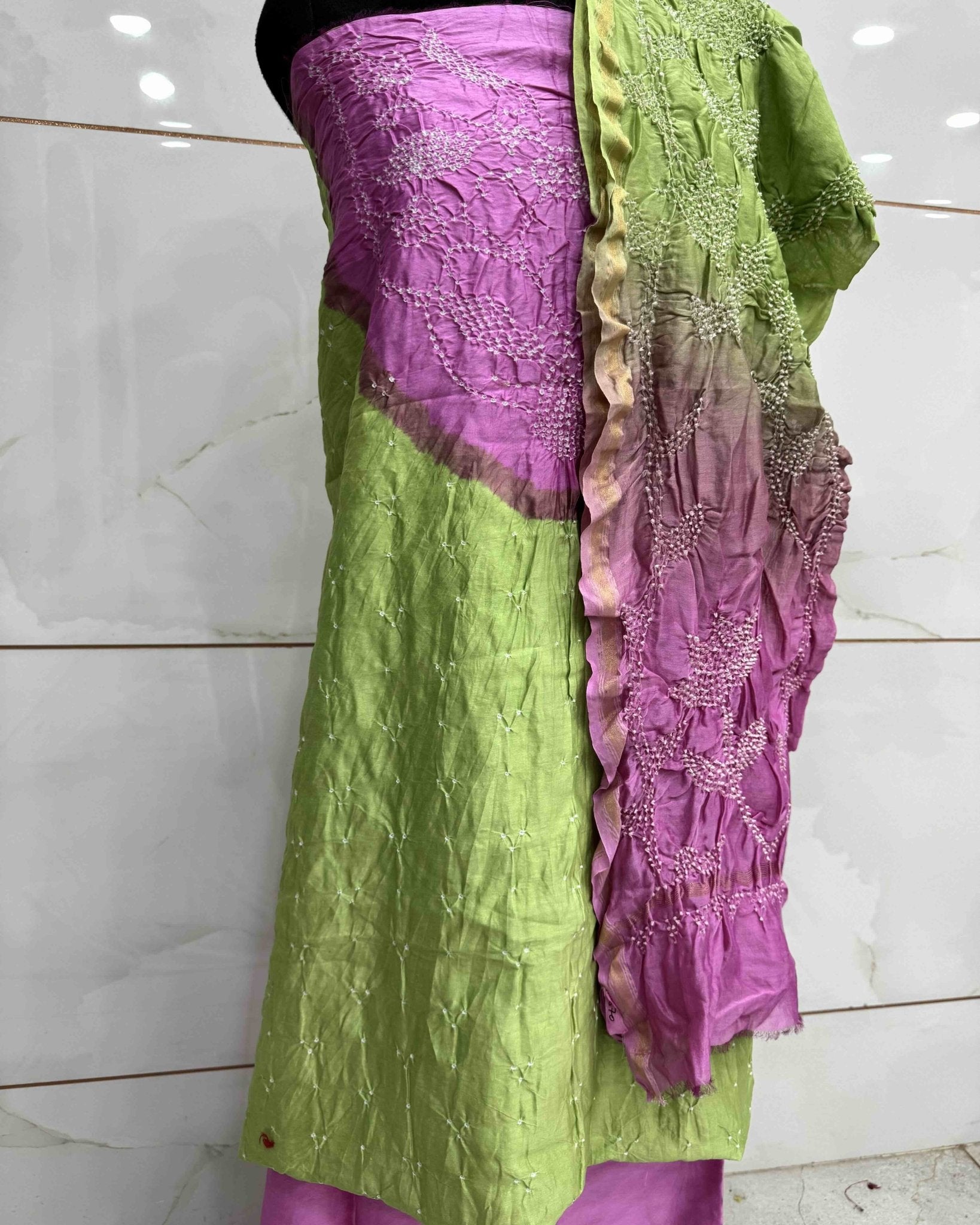 Light Pink & Light Green Shaded Chanderi Silk Bandhani Dress Material - SindhoiPatolaArt