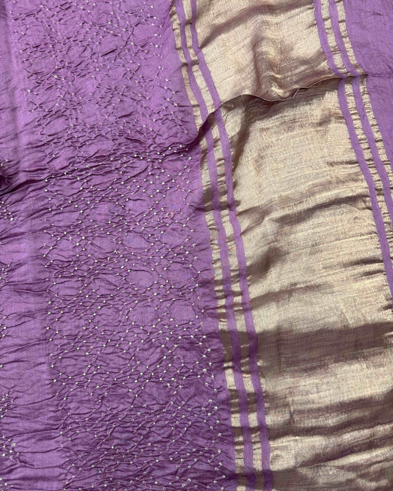 Light Purple Tussar Silk Bandhani Saree - SindhoiPatolaArt