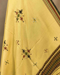 Light Yellow Chomukh Mirror Kutchi Woolen Shawl - SindhoiPatolaArt