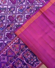 Magenta Purple & Purplish White Narikunj Semi Double Ikat Patola Saree - SindhoiPatolaArt