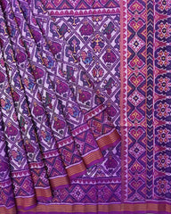 Magenta Purple & Purplish White Narikunj Semi Double Ikat Patola Saree - SindhoiPatolaArt