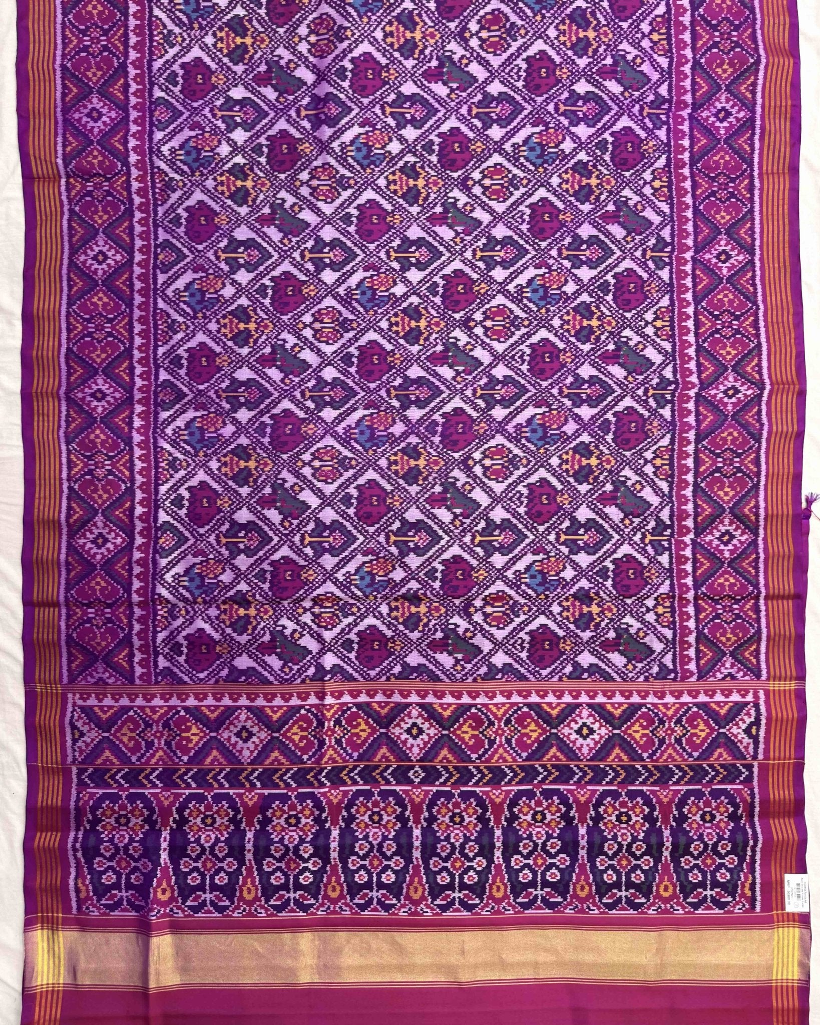 Magenta Purple & Purplish White Narikunj Semi Double Ikat Patola Saree - SindhoiPatolaArt
