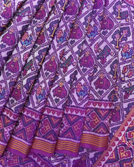 Magenta Purple & Purplish White Narikunj Semi Double Ikat Patola Saree - SindhoiPatolaArt