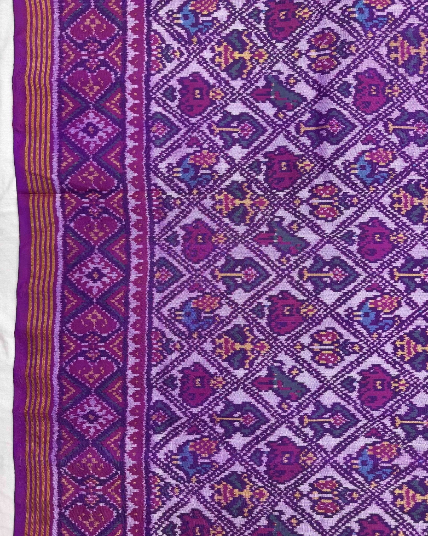 Magenta Purple & Purplish White Narikunj Semi Double Ikat Patola Saree - SindhoiPatolaArt