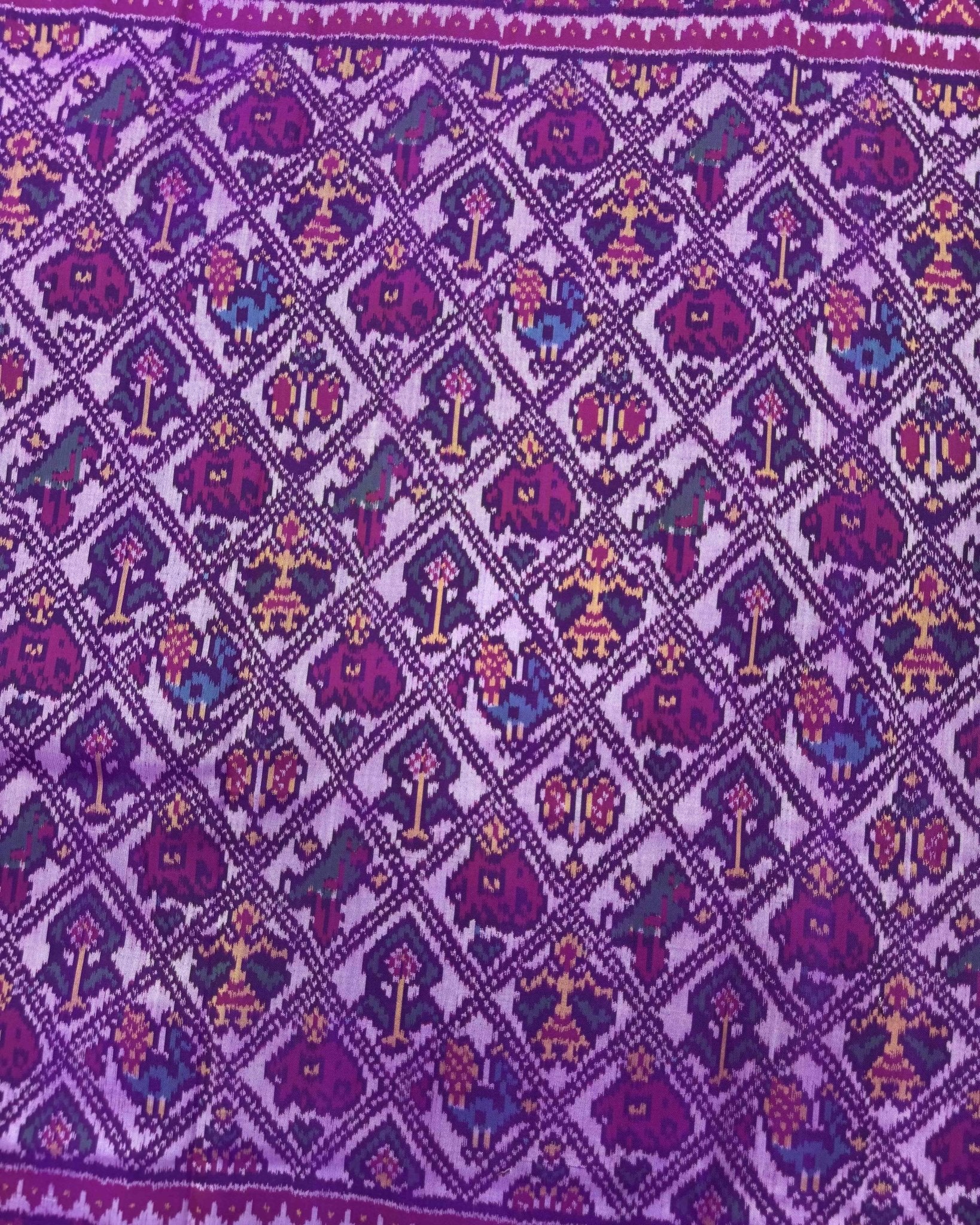 Magenta Purple & Purplish White Narikunj Semi Double Ikat Patola Saree - SindhoiPatolaArt