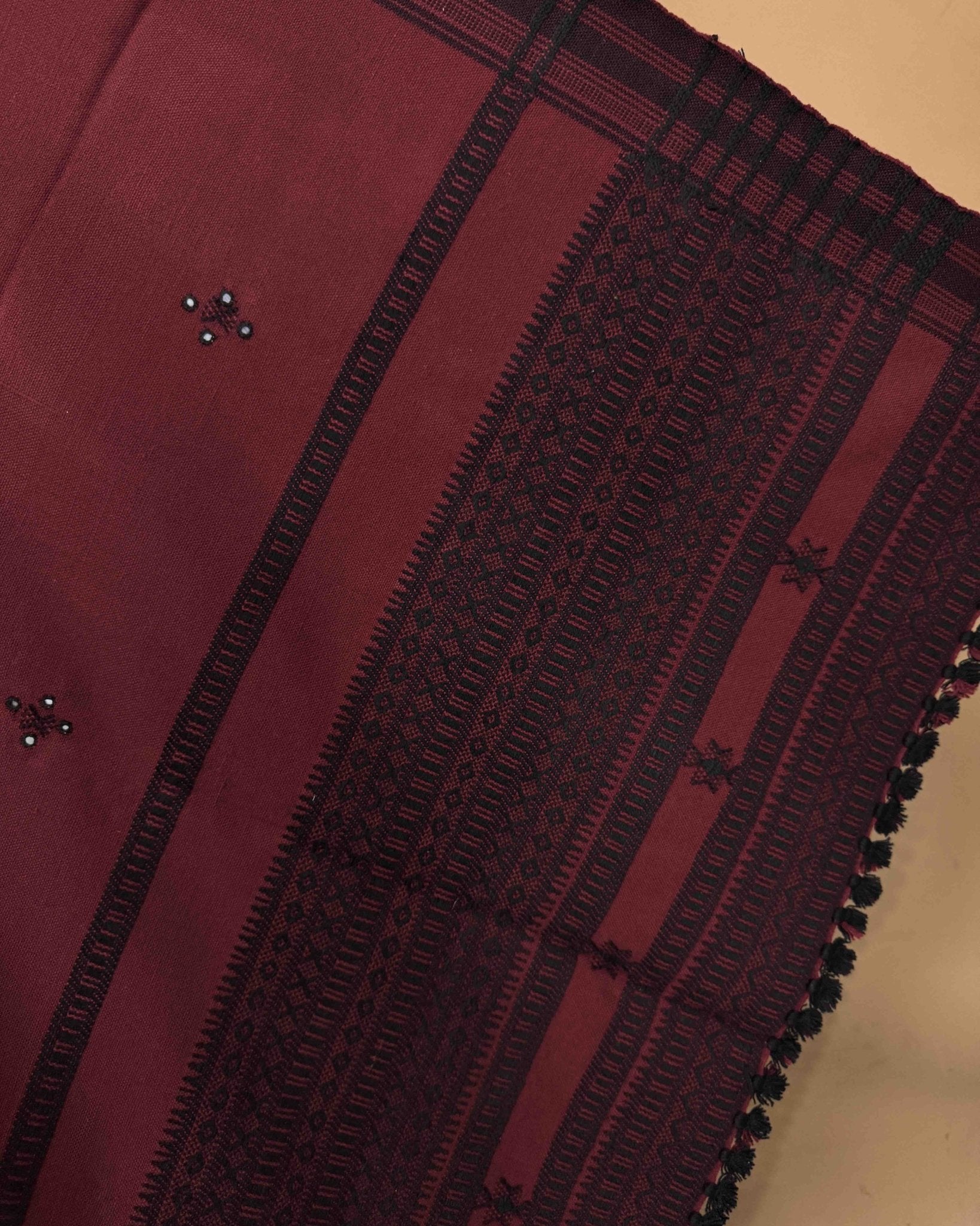 Maroon & Black Chomukh Mirror Kutchi Woolen Shawl - SindhoiPatolaArt