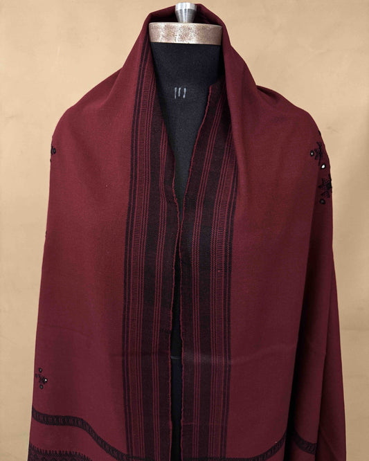 Maroon & Black Chomukh Mirror Kutchi Woolen Shawl - SindhoiPatolaArt