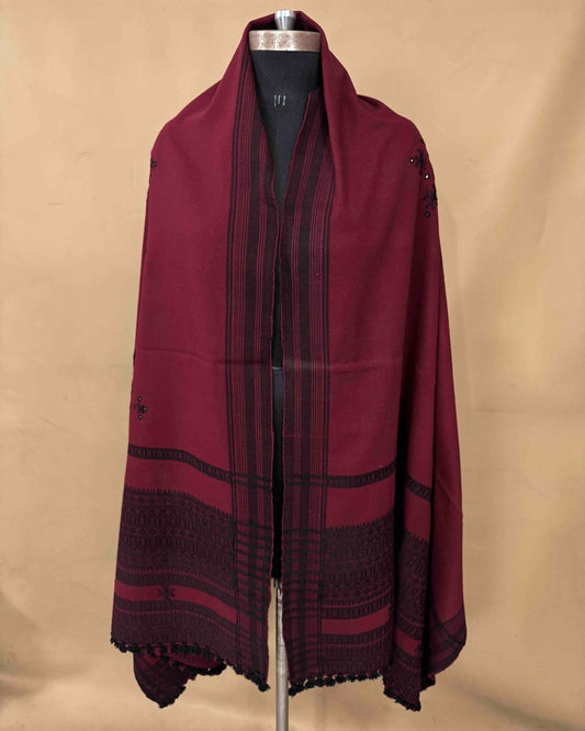 Maroon & Black Chomukh Mirror Kutchi Woolen Shawl - SindhoiPatolaArt