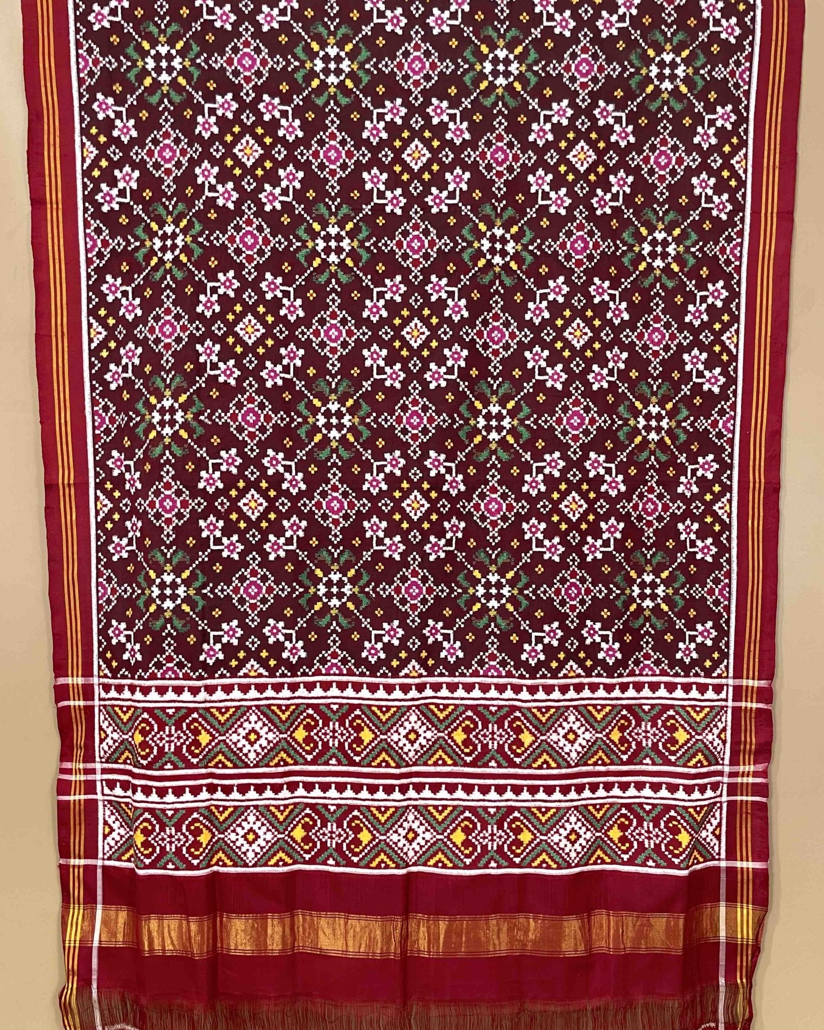 Maroon brown colour double ikat dupatta with navratna design - SindhoiPatolaArt