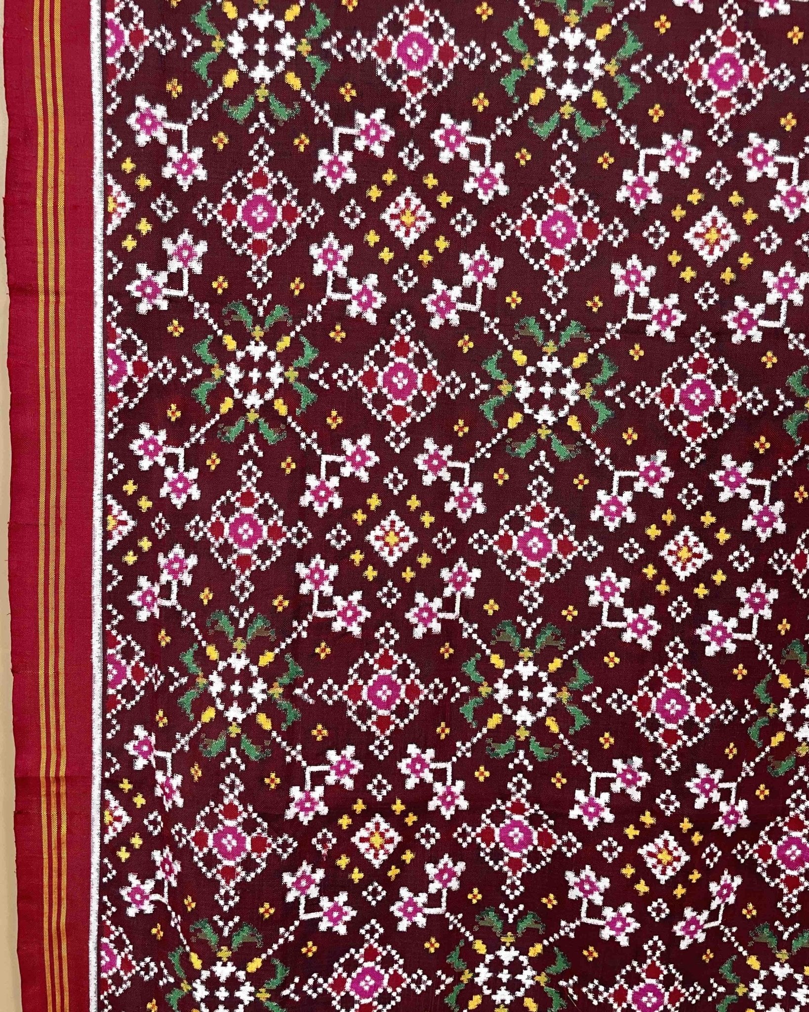 Maroon brown colour double ikat dupatta with navratna design - SindhoiPatolaArt