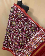 Maroon brown colour double ikat dupatta with navratna design - SindhoiPatolaArt
