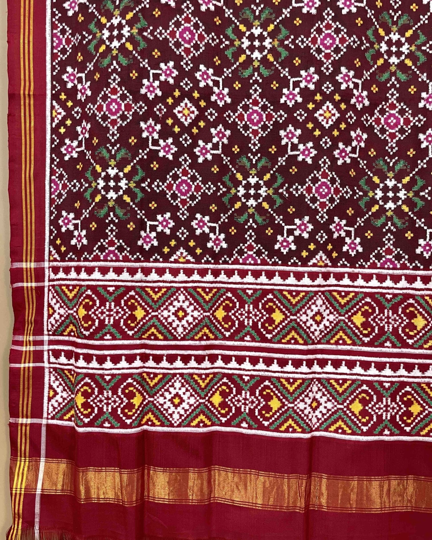 Maroon brown colour double ikat dupatta with navratna design - SindhoiPatolaArt