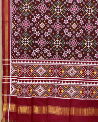 Maroon brown colour double ikat dupatta with navratna design - SindhoiPatolaArt