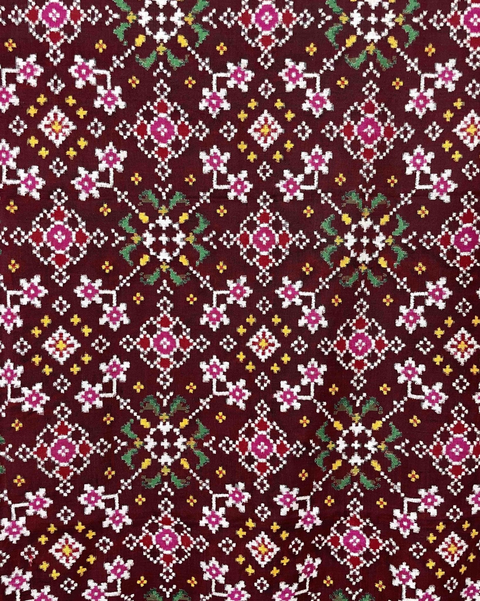 Maroon brown colour double ikat dupatta with navratna design - SindhoiPatolaArt