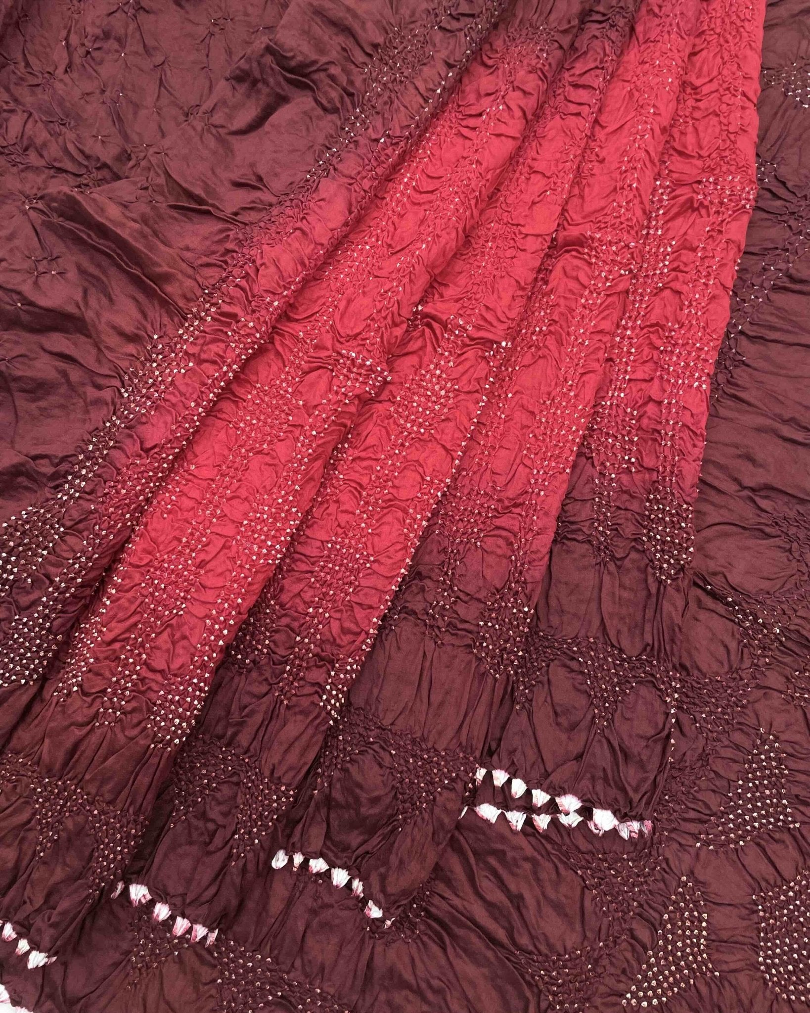 Maroon & Crimson Red Chiniya Bandhani Saree - SindhoiPatolaArt