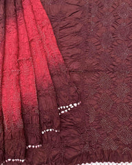 Maroon & Crimson Red Chiniya Bandhani Saree - SindhoiPatolaArt