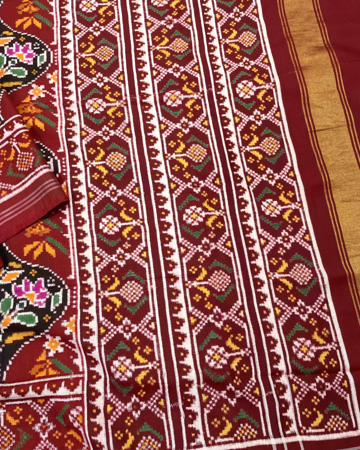Maroon Flower Fancy Double Ikat Patola Saree - SindhoiPatolaArt
