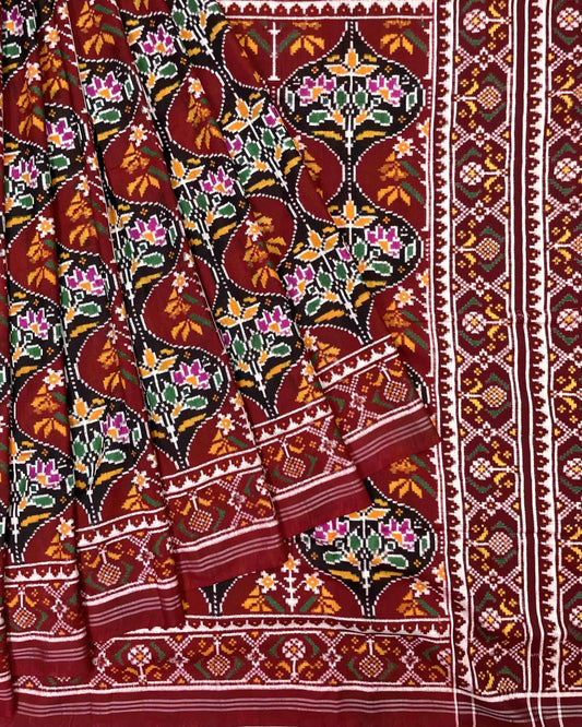 Maroon Flower Fancy Double Ikat Patola Saree - SindhoiPatolaArt