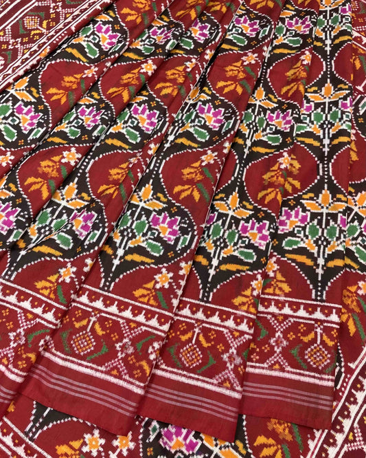 Maroon Flower Fancy Double Ikat Patola Saree - SindhoiPatolaArt