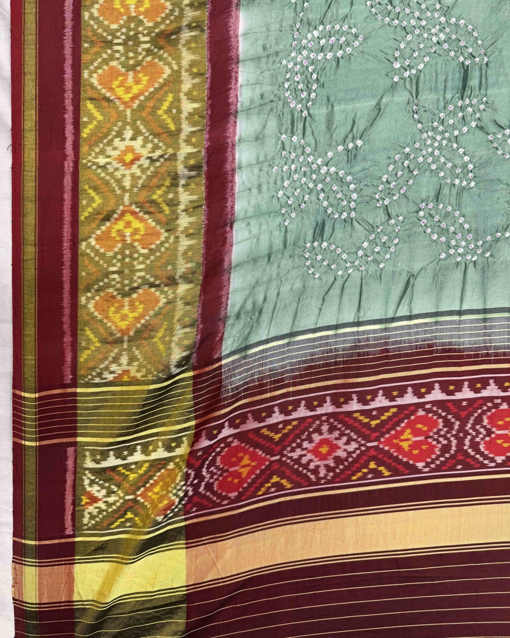Maroon & Greyish Green Bandhani Patola Dupatta - SindhoiPatolaArt