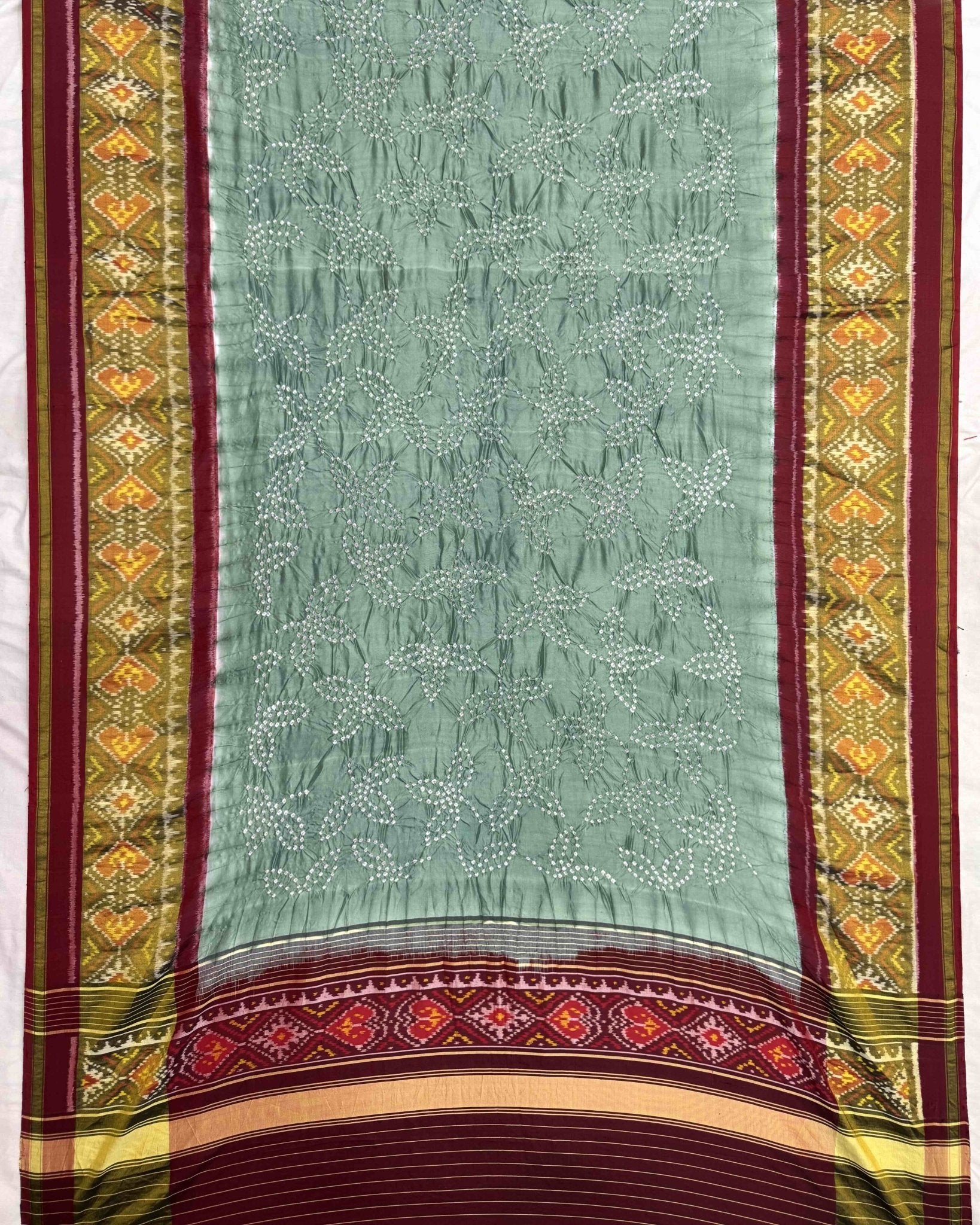Maroon & Greyish Green Bandhani Patola Dupatta - SindhoiPatolaArt