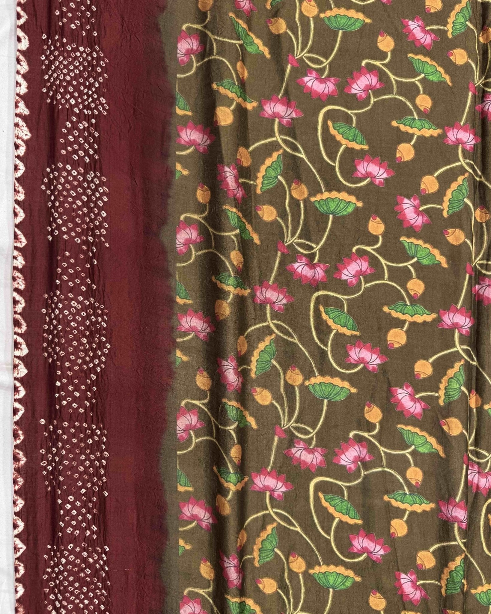 Maroon & Light Brown Picchwai Bandhani Saree - SindhoiPatolaArt