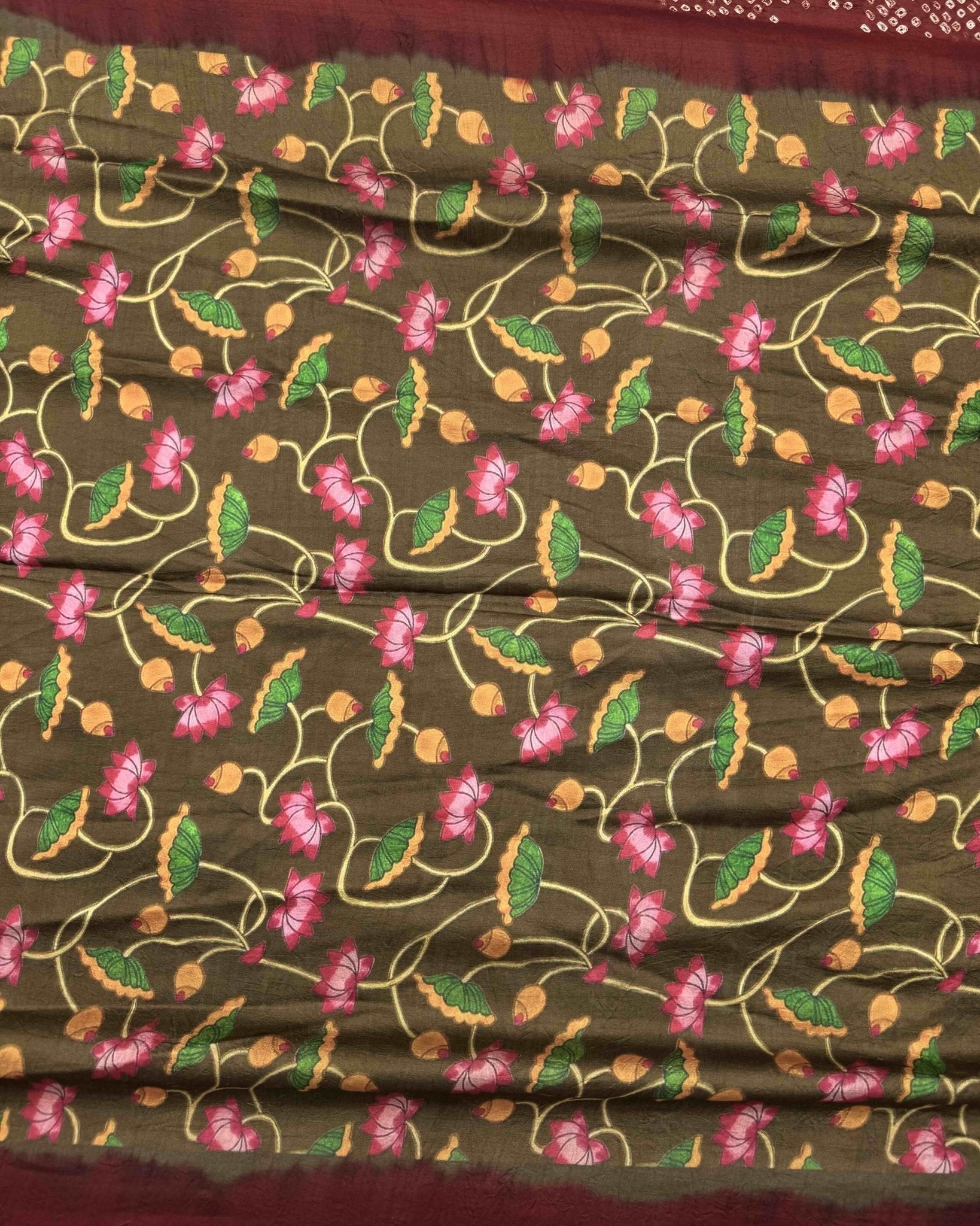 Maroon & Light Brown Picchwai Bandhani Saree - SindhoiPatolaArt
