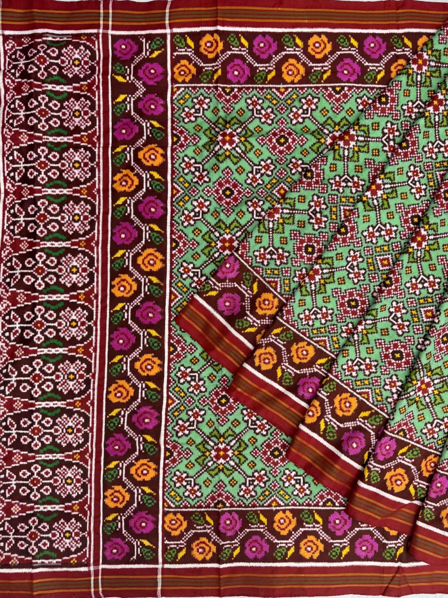 Maroon & Light green navaratan Patan Patola - SindhoiPatolaArt