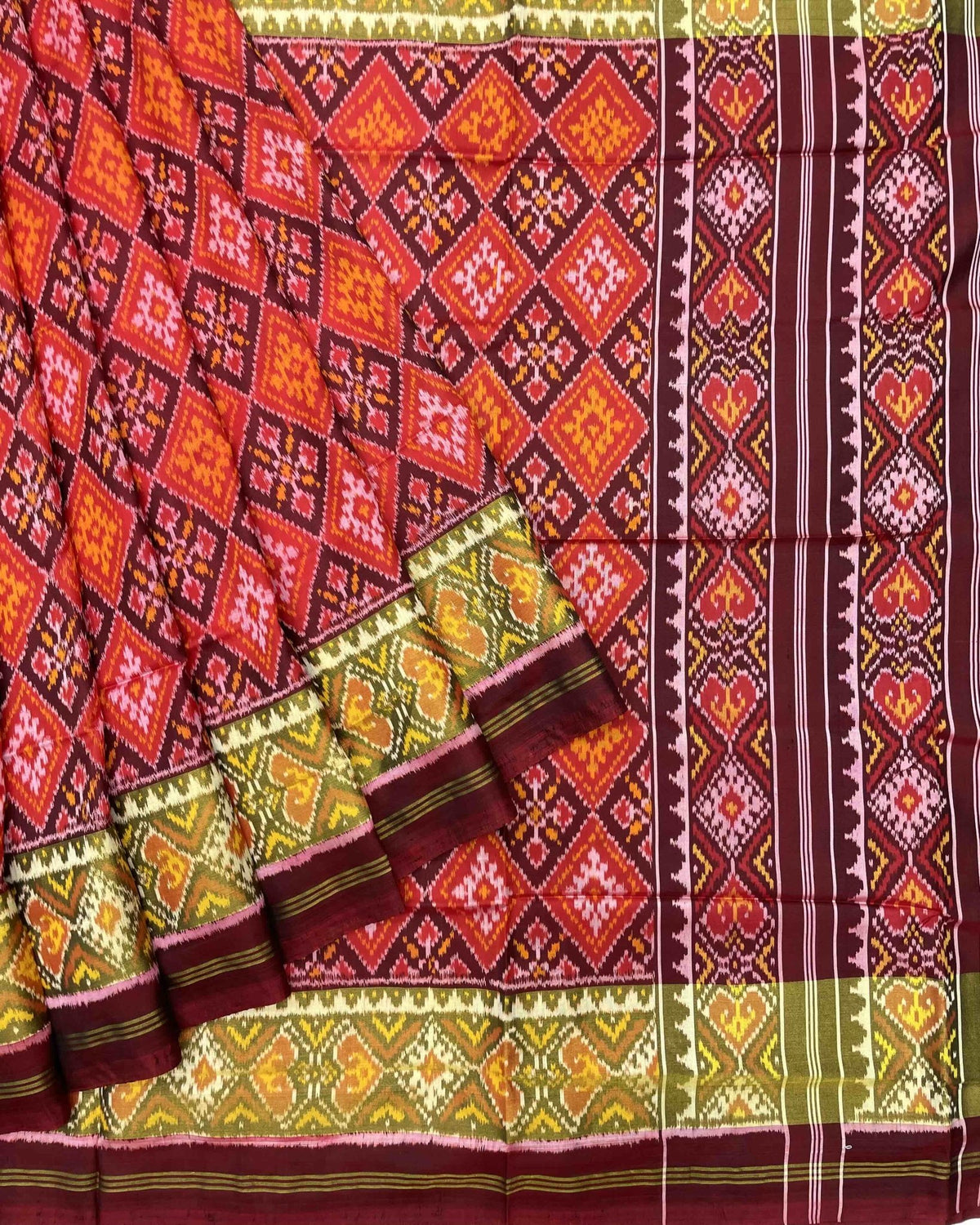 Maroon & Orange Panchanda Designer Patola Saree - SindhoiPatolaArt