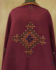 Maroon Red Butta Mirror & Corner Mirror Kutchi Woolen Shawl - SindhoiPatolaArt