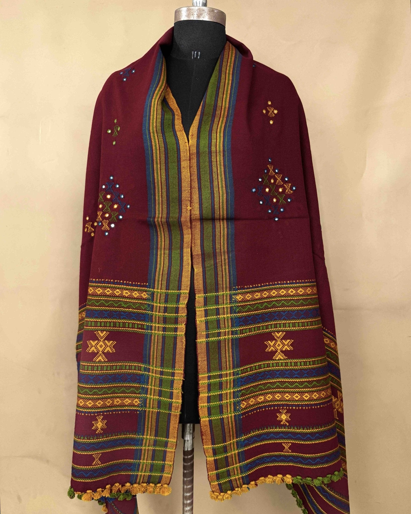 Maroon Red Butta Mirror Kutchi Woolen Shawl - SindhoiPatolaArt