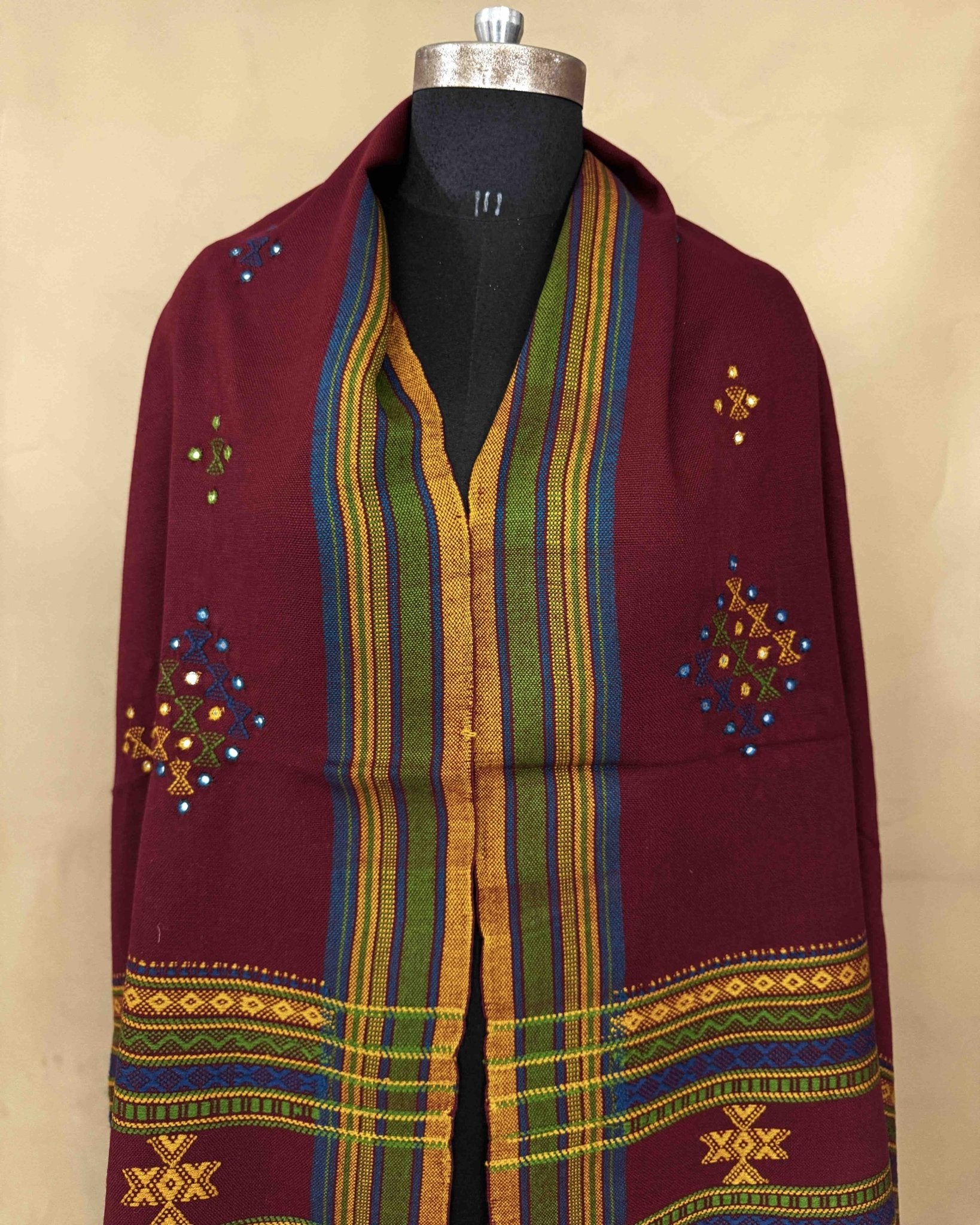 Maroon Red Butta Mirror Kutchi Woolen Shawl - SindhoiPatolaArt