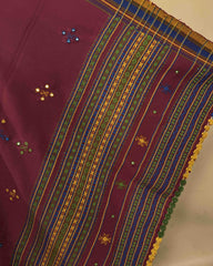 Maroon Red Chomukh Mirror Kutchi Woolen Shawl - SindhoiPatolaArt