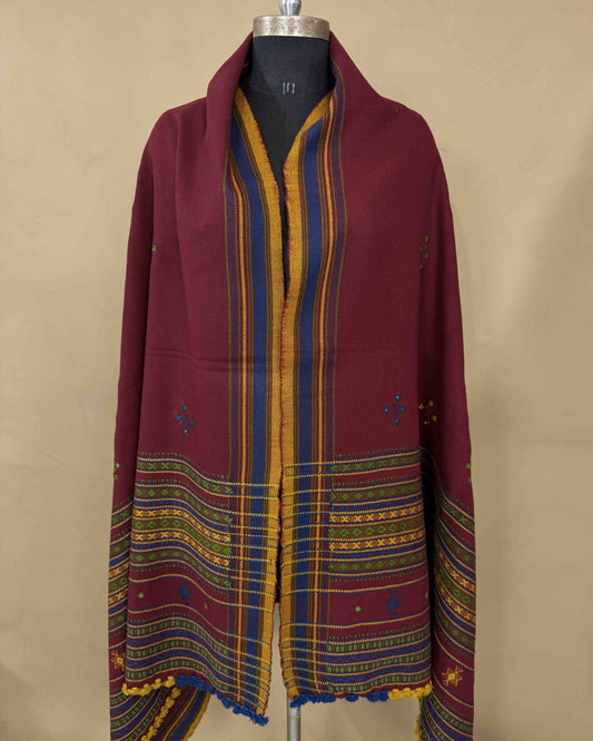 Maroon Red Chomukh Mirror Kutchi Woolen Shawl - SindhoiPatolaArt