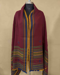 Maroon Red Chomukh Mirror Kutchi Woolen Shawl - SindhoiPatolaArt