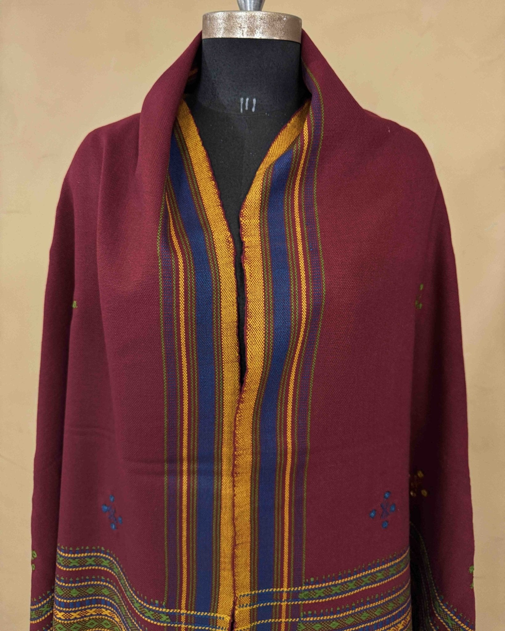Maroon Red Chomukh Mirror Kutchi Woolen Shawl - SindhoiPatolaArt