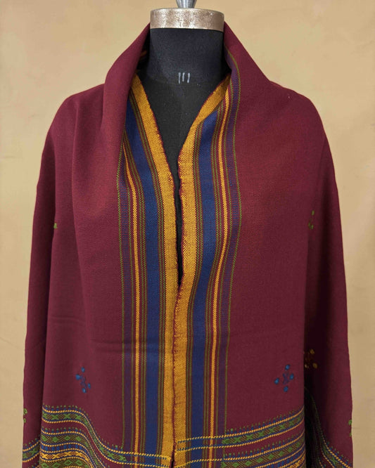 Maroon Red Chomukh Mirror Kutchi Woolen Shawl - SindhoiPatolaArt
