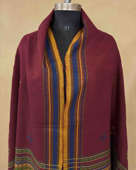 Maroon Red Chomukh Mirror Kutchi Woolen Shawl - SindhoiPatolaArt