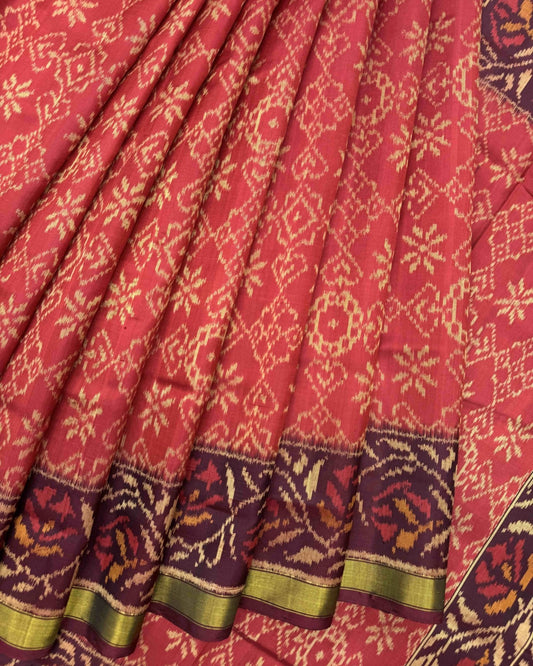 Maroon & Red Manekchowk Flower Patola Saree - SindhoiPatolaArt