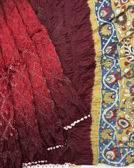 Maroon & Red Shaded Muga Silk Pen Kamalkari Bandhani Saree - SindhoiPatolaArt