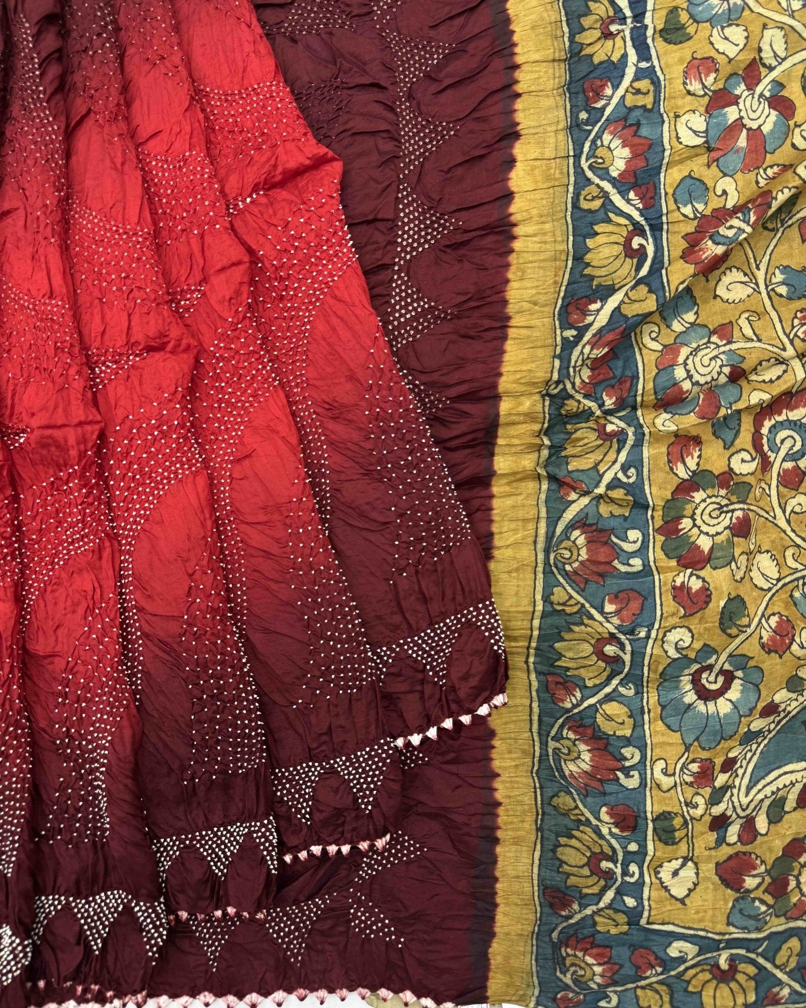 Maroon & Red Shaded Muga Silk Pen Kamalkari Bandhani Saree - SindhoiPatolaArt