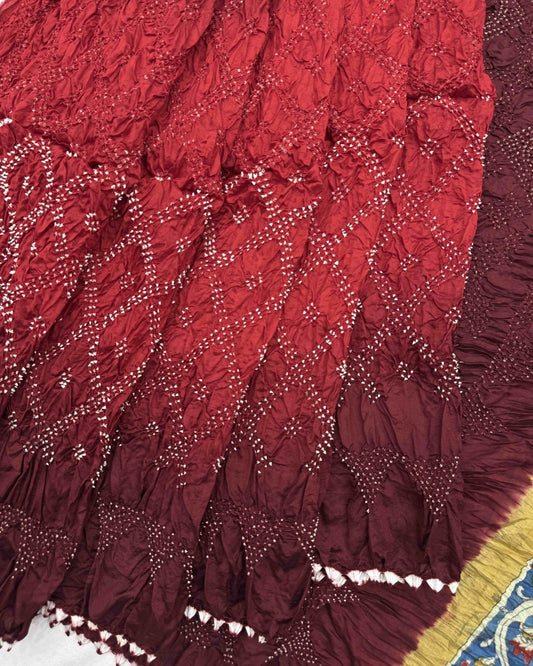 Maroon & Red Shaded Muga Silk Pen Kamalkari Bandhani Saree - SindhoiPatolaArt