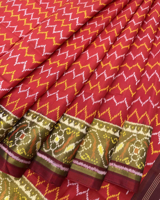 Maroon & Red Zigzag Designer Patola Saree - SindhoiPatolaArt