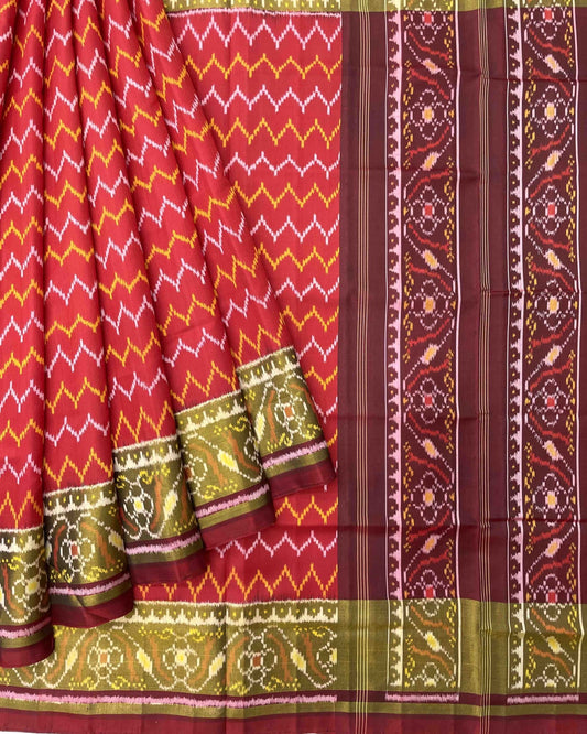 Maroon & Red Zigzag Designer Patola Saree - SindhoiPatolaArt