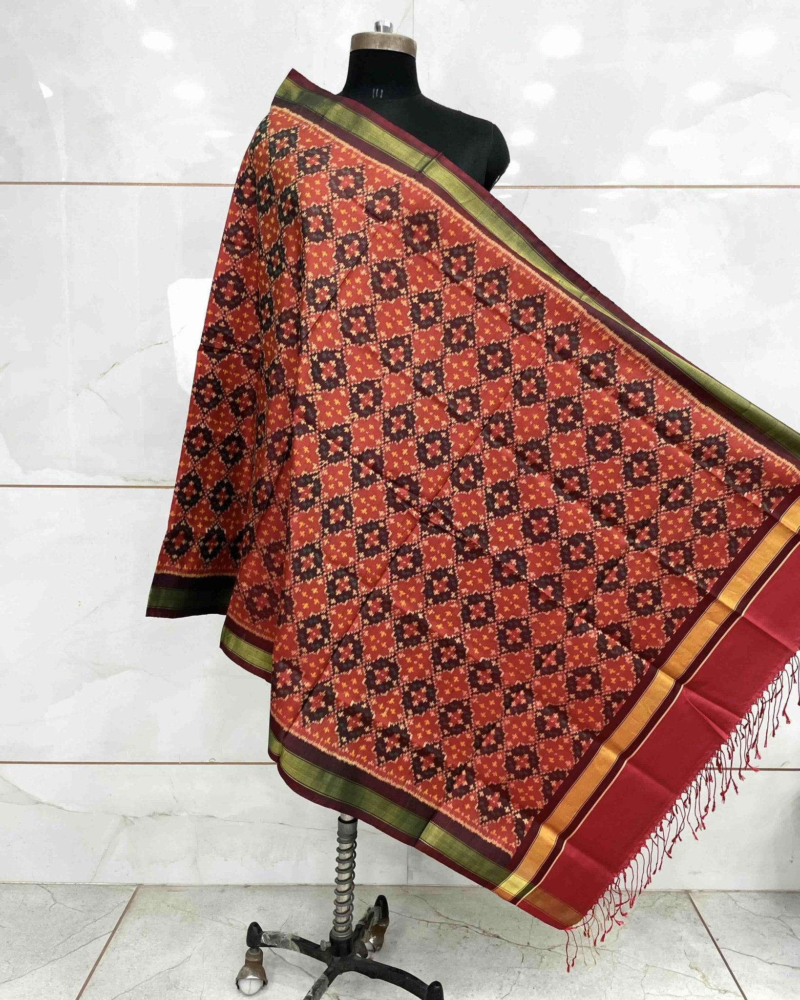 Maroon Rust Buttoful Design Patola Dupatta - SindhoiPatolaArt