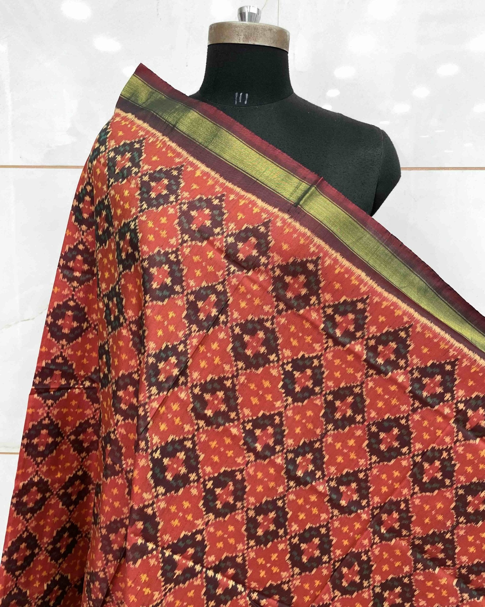 Maroon Rust Buttoful Design Patola Dupatta - SindhoiPatolaArt