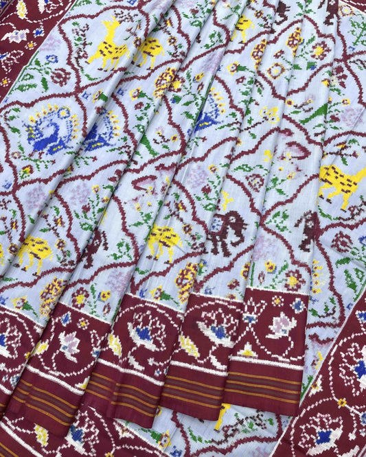 Maroon & Sky Blue Narikunj Design Double Ikat Patola Saree - SindhoiPatolaArt